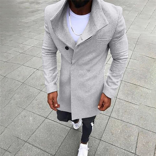 New Fashion Mens Wool Jacket Button Solid Color Long Sleeved Windbreaker Wool Coat Men Winter Coat Men Long Trench Coat Men