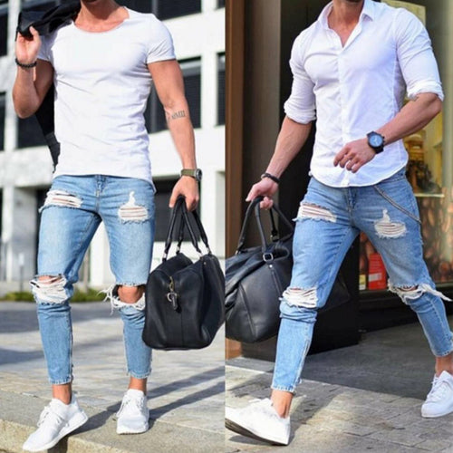 2019 Boutique Casual Skinny Jeans Men Straight Denim Jeans/Male Pants Skinny men's jeans are light colored and ripped