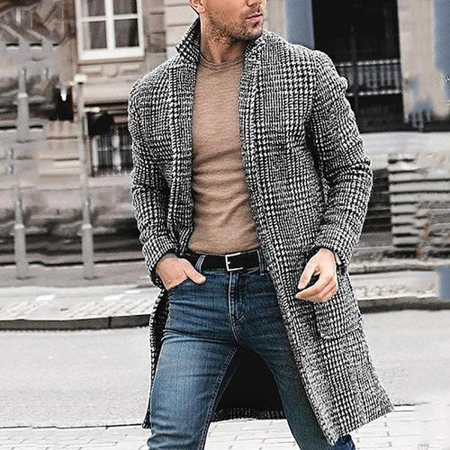 Korean men's casual winter fashion warm long-sleeved houndstooth gentleman pockets cotton long coat jacket Куртка мужская